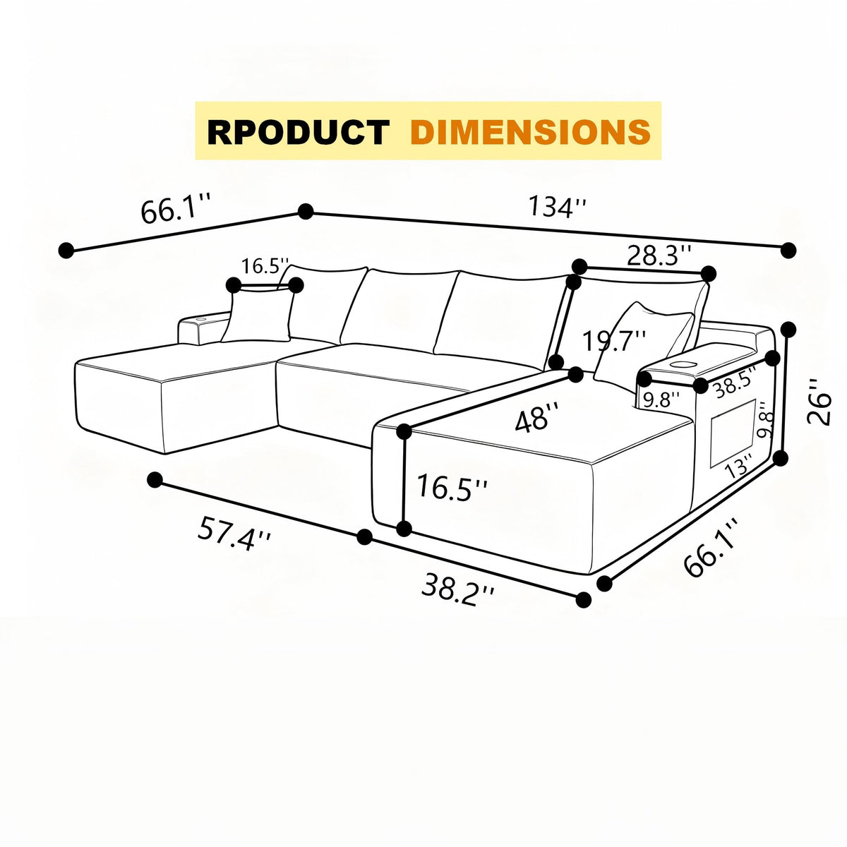 134" Cloud Sectional Sofa with U-Shape Chaise and Side Pockets and Cup holder, Modern Modular Design, Deep Seating, Upholstered Couch