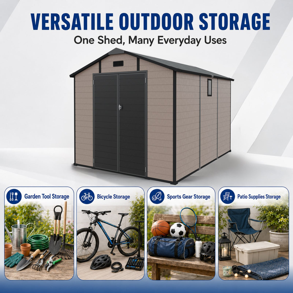 8x10 FT Plastic Outdoor Storage Shed - Lockable Resin Tool Shed with Window & Floor, Champagne
