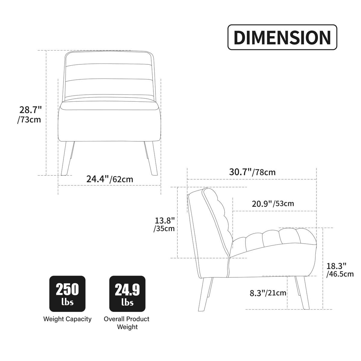 24.4" Wide Modern Upholstered Armless Chair with Rubber Wood Legs, Chenille Accent Chair for Living Room,Bedroom,Office and Reading Room. Black