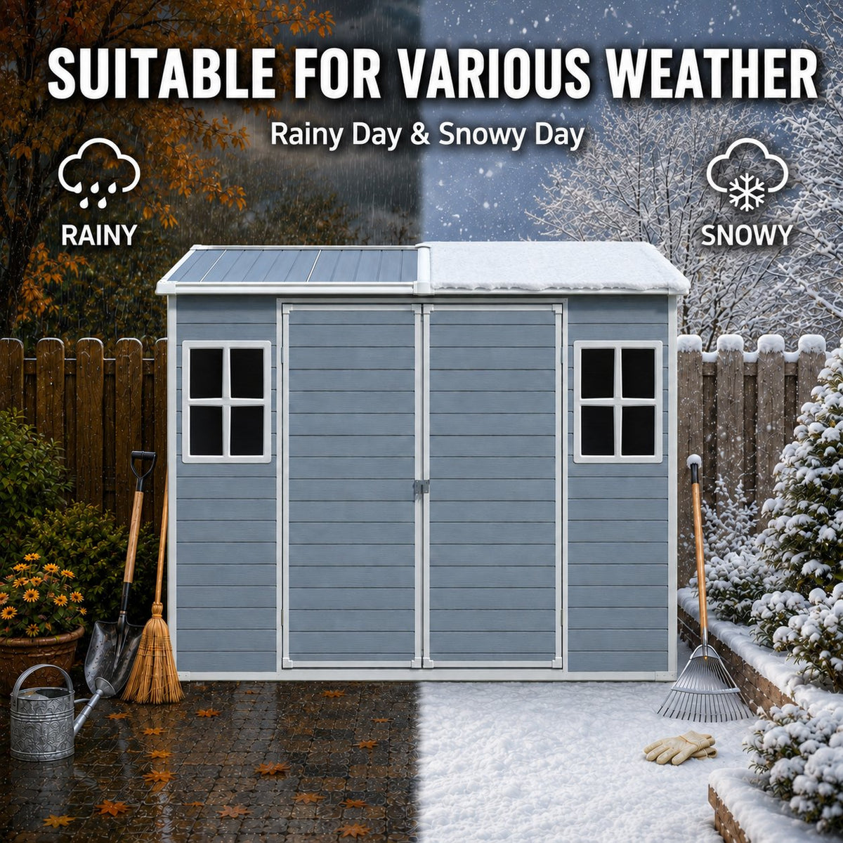 8 ft x 4 ft Outdoor Storage Shed with Two-Window and Double-Door, Plastic Shed with Floor for Garden,Patio,Yard,Lawn,gray (W540S00045)(W540S00074)(W540S00055)