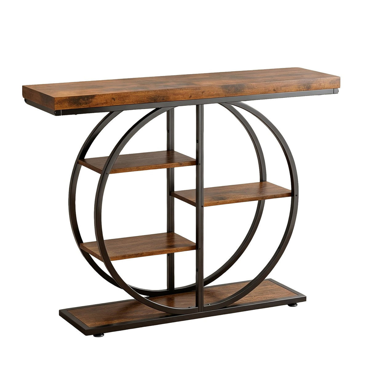 41.3 Inch Industrial Console Table, Narrow Sofa Table with Storage Shelves & Circle Base, Rustic Brown Accent Furniture, Foyer, Entrance