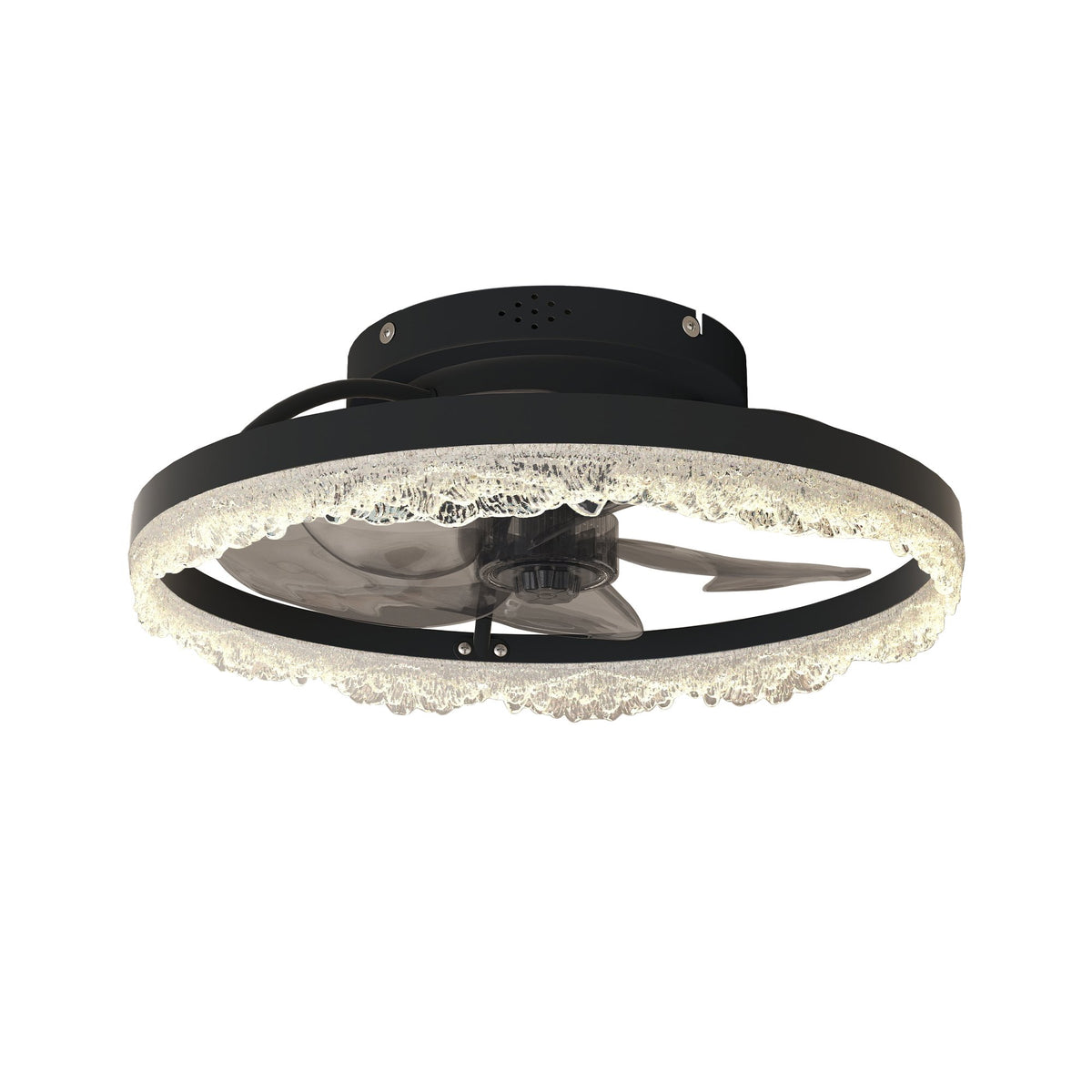 16" Decorative LED Ceiling Fan Light - Modern Flush Mount with Crystal-Inspired Acrylic Ring, Hidden Blades, Remote Control - Black