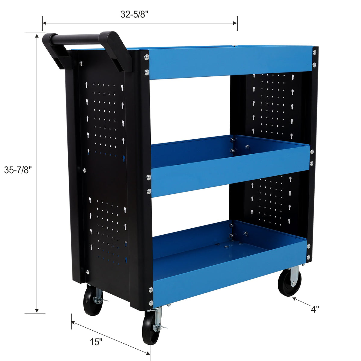3 Tier Rolling Tool Cart on Wheels, Heavy Duty Utility Tool Cart with Pegboard for Repair Shop, Garage, Warehouse, Blue