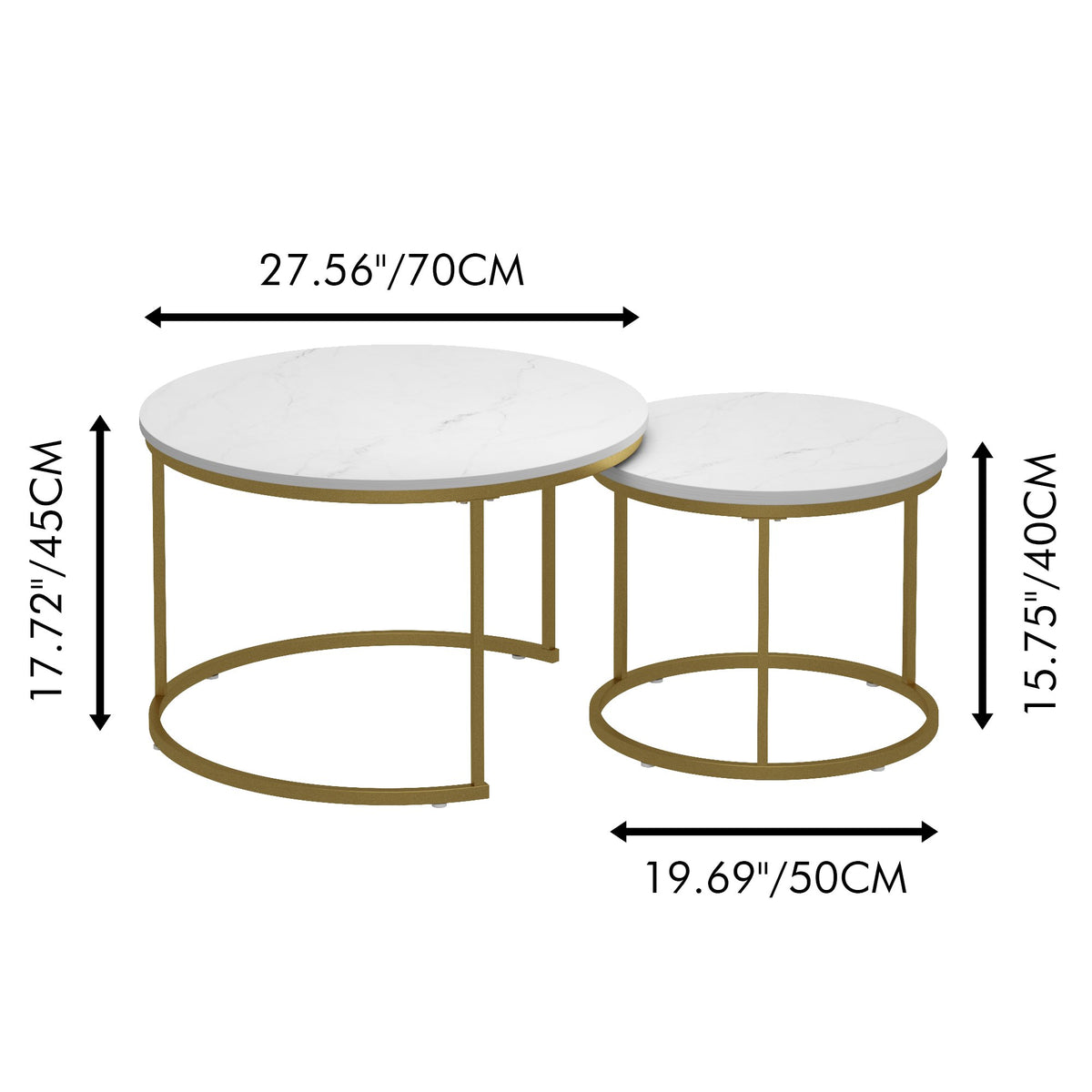 27.6in Nesting Coffee Table Set of 2, Round Coffee Table Wood Marble Pattern Top with Sturdy Metal Frame - White