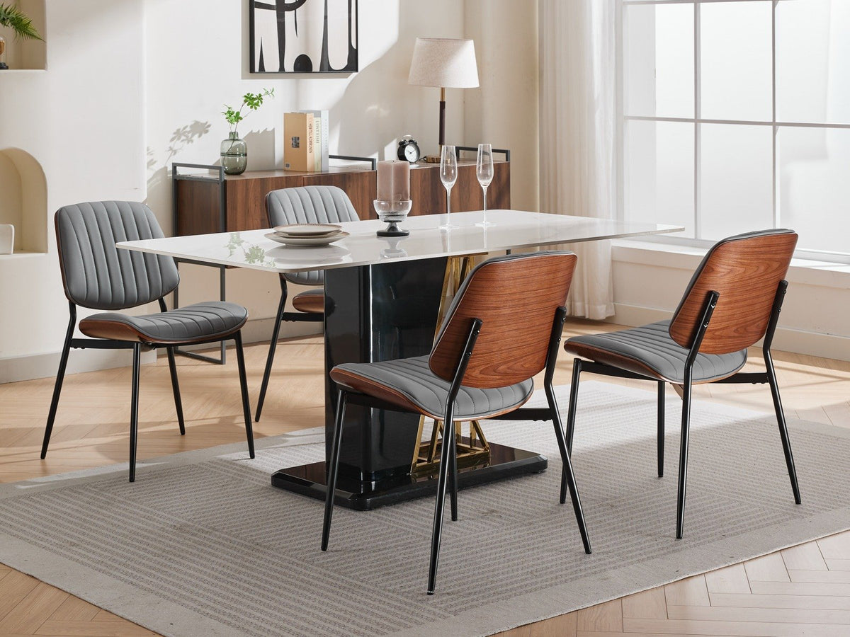 A&A Furniture, Dining Chairs Set of 2 Mid Century Modern Retro Faux Leather Chair with Walnut Bentwood Back Upholstered Seat Metal Legs – Gray