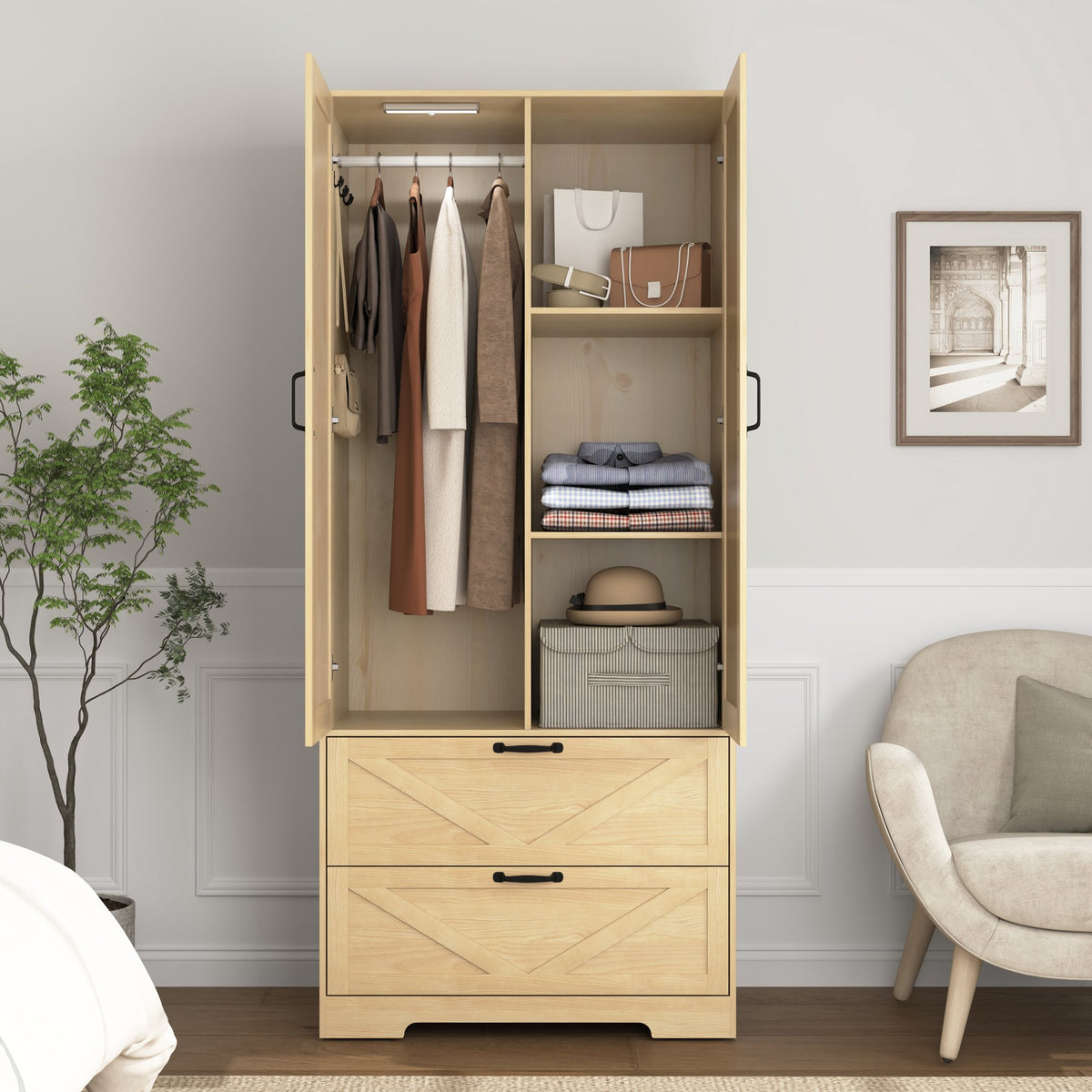 2 Door Wood Wardrobe for Bedroom with Hanging Clothing Rod inside the Cabinet and 2 Drawers for Storage Organization – Natural