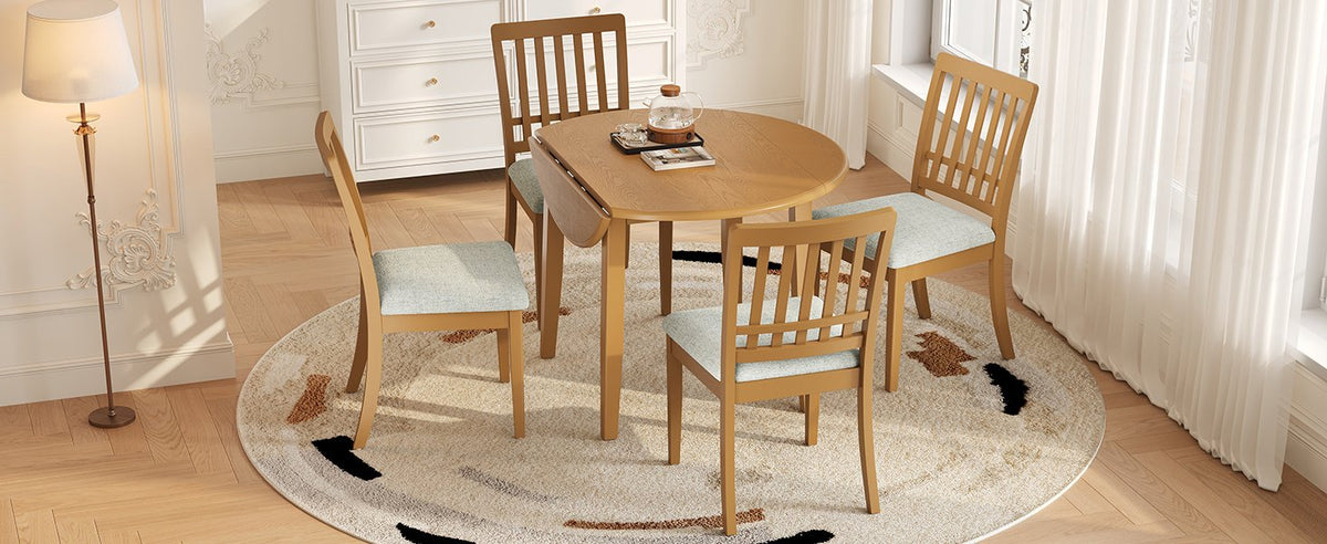 5-Piece Round Dining Table Set for 4 People, 1 Folding Wood Dining Table + 4 Upholstered Chairs
