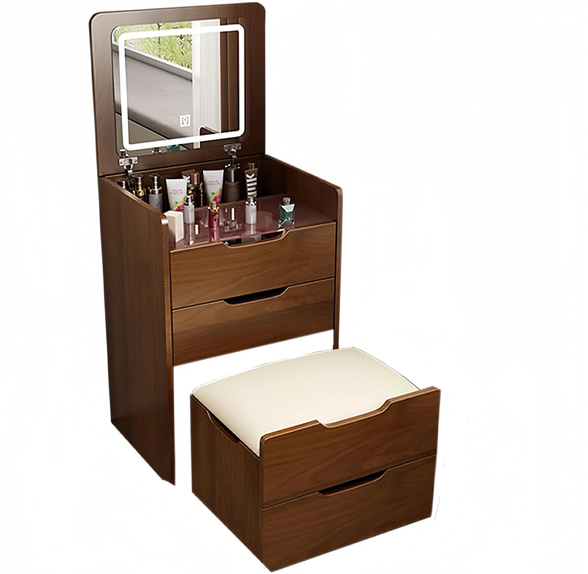 3 in 1 Vanity Desk with Plip Top Mirror, Small Make Up Vanity Set with Visible Glass Desktop, Compact Makeup Vanity with 3 Drawers - Walnut