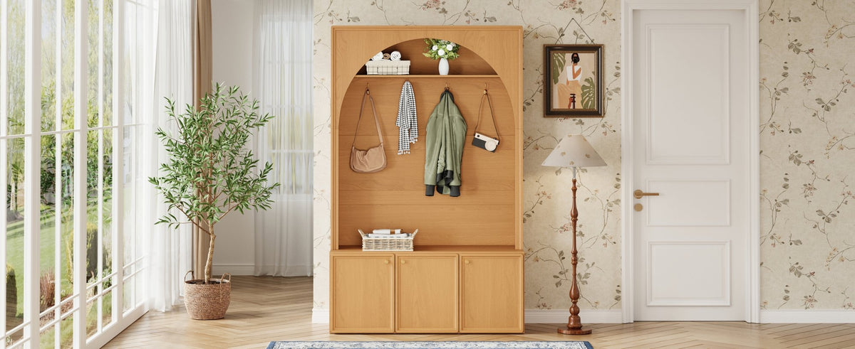 ON-TREND Farmhouse All-in-One Hall Tree with Adjustable Shelves, Retro Arched Entryway Storage Bench with 3 Cabinets – Natural