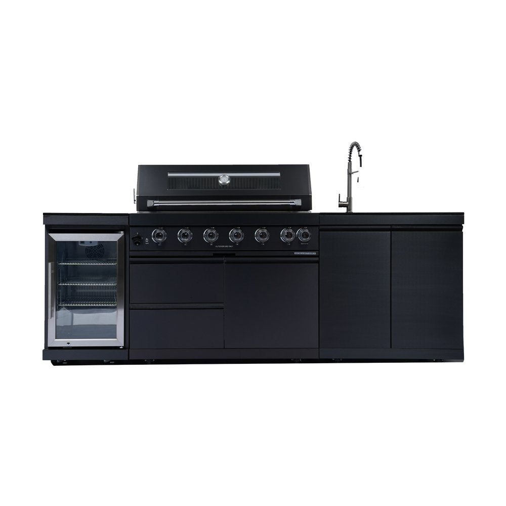 43-Inch 6-Burner 85000 BTU Deluxe Stainless Steel Gas Outdoor Kitchen Bar Barbecue Island Grill + Wine Cooler Compact Refrigerator + Rotisserie kit + Granite Countertops + Stainless steel Sink