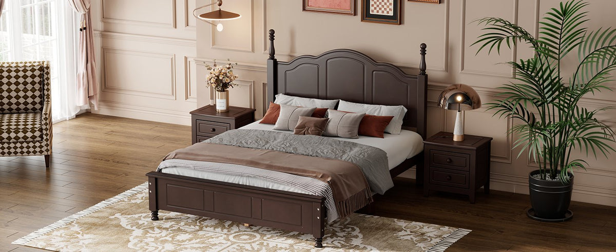 3-Pieces Bedroom Sets, Full Size Wood Platform Bed and Two Nightstands-Dark Walnut