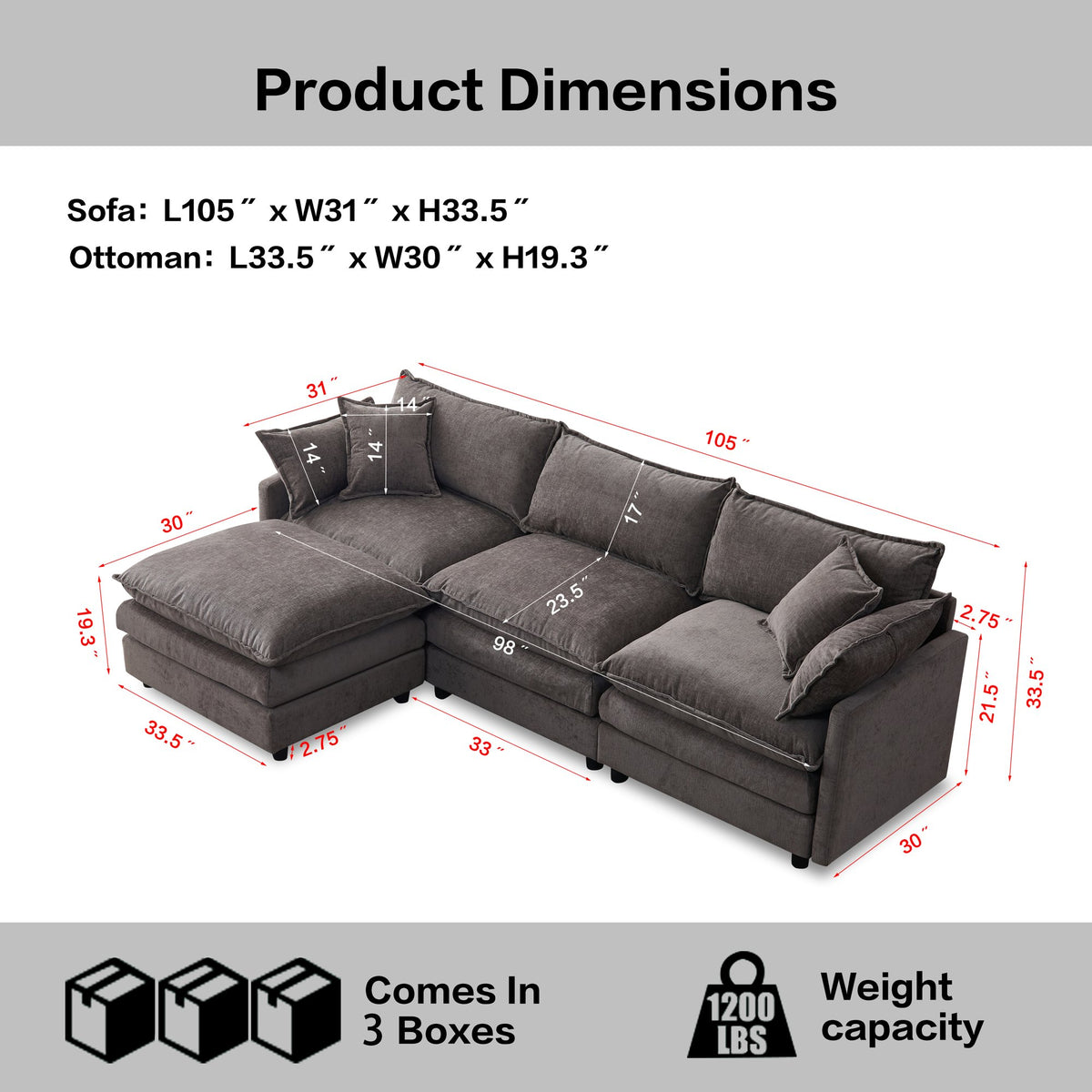 105" Modular Sectional Couch, Upholstered Soft Chenille Fabric Sofa, 3 Seater with Ottoman L Shape Sofa Grey