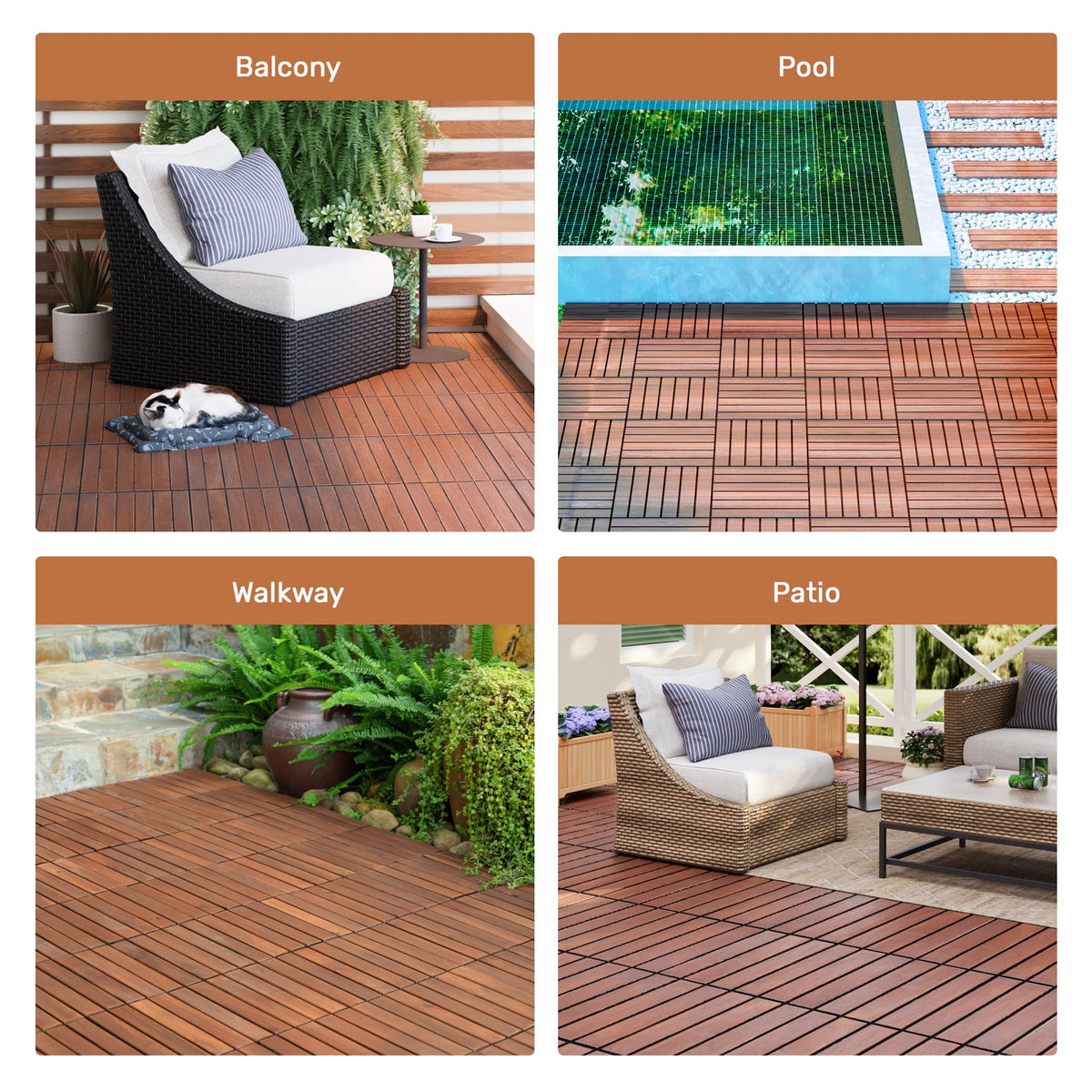10 PCS Interlocking Deck Tiles Striped Pattern, 12" x 12" Square Acacia Hardwood Outdoor Flooring for Patio, Bancony, Pool Side,...