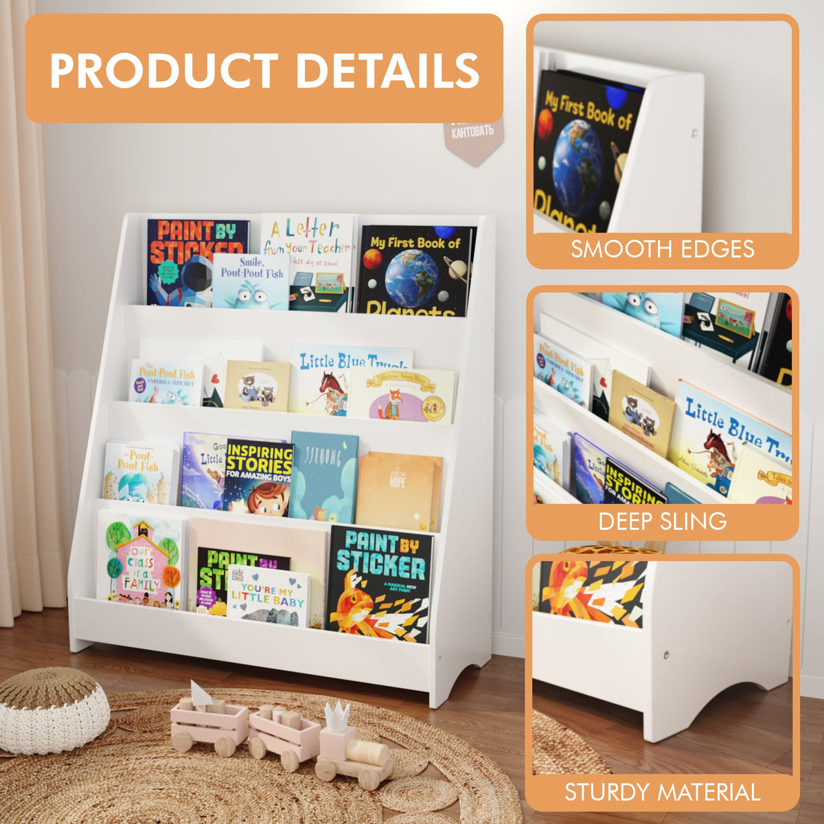4-Tier Kids Bookshelf, Toddler Book Display Shelves, Helps Keep Bedrooms, Playrooms, and Classrooms Organized, White