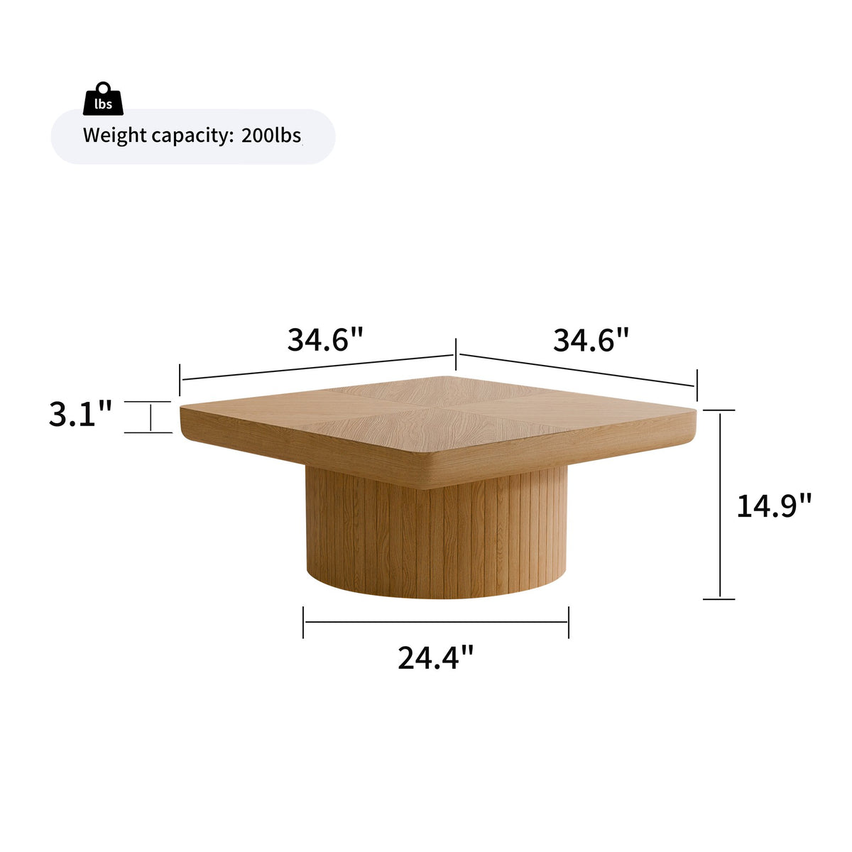 34.6'' Square Coffee Table, Modern Wood Veneer Top with Parquet Pattern & Cylindrical Base, Thickened Tabletop, Easy Assembly, Natural Wood