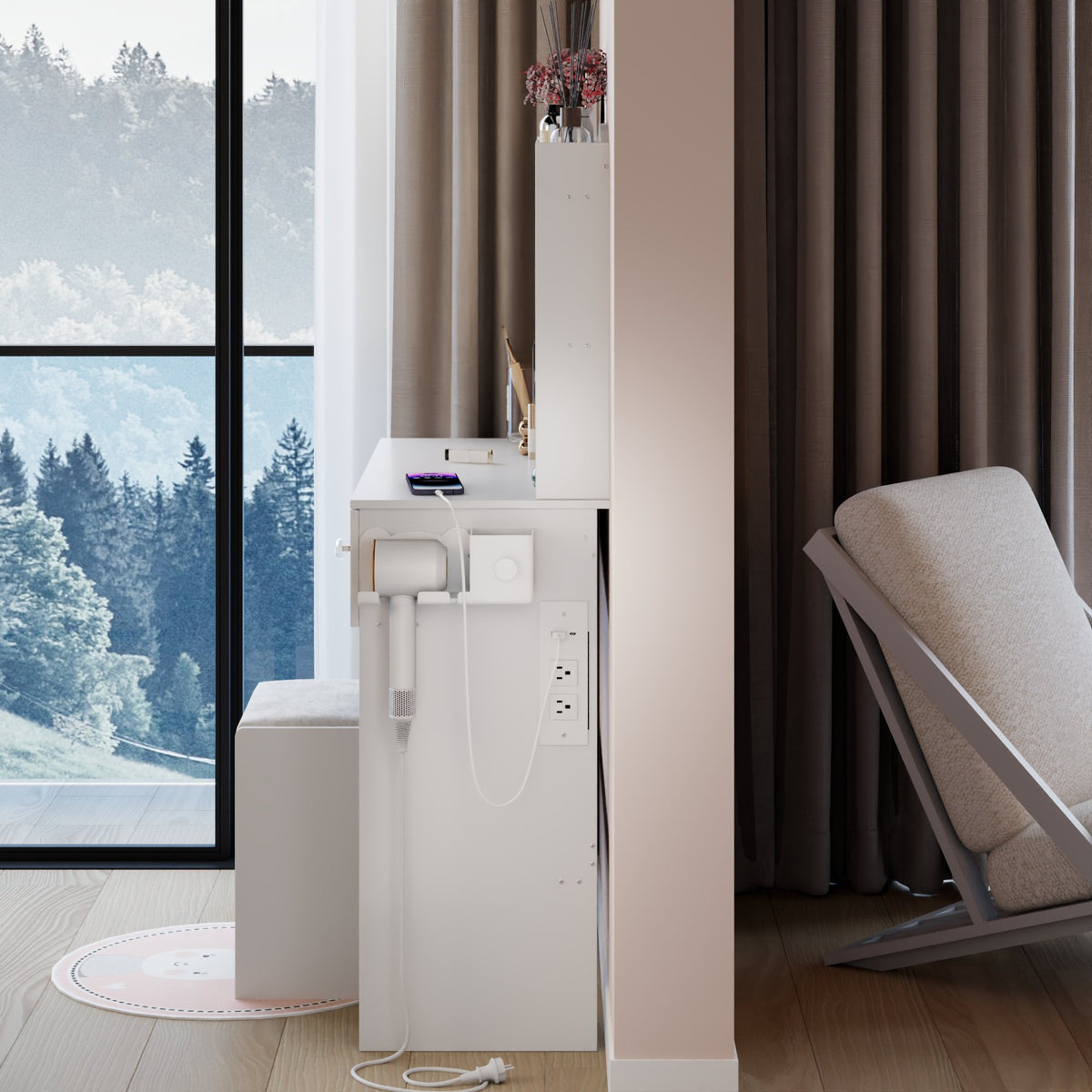 17" Round LED Mirror Vanity Table+Cushioned Stool, Equipped With 2 AC+2 USB Power Socket, Big Mirror, Touch Switch, 3 Colors