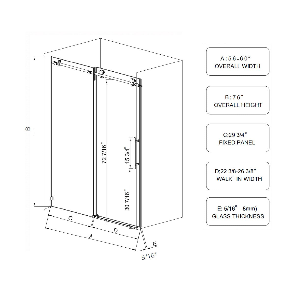 56-60" W x 76" H Frameless Shower Door, Sliding Shower Door, with Premium 5/16" Thick Tempered Glass Shower Enclosure
