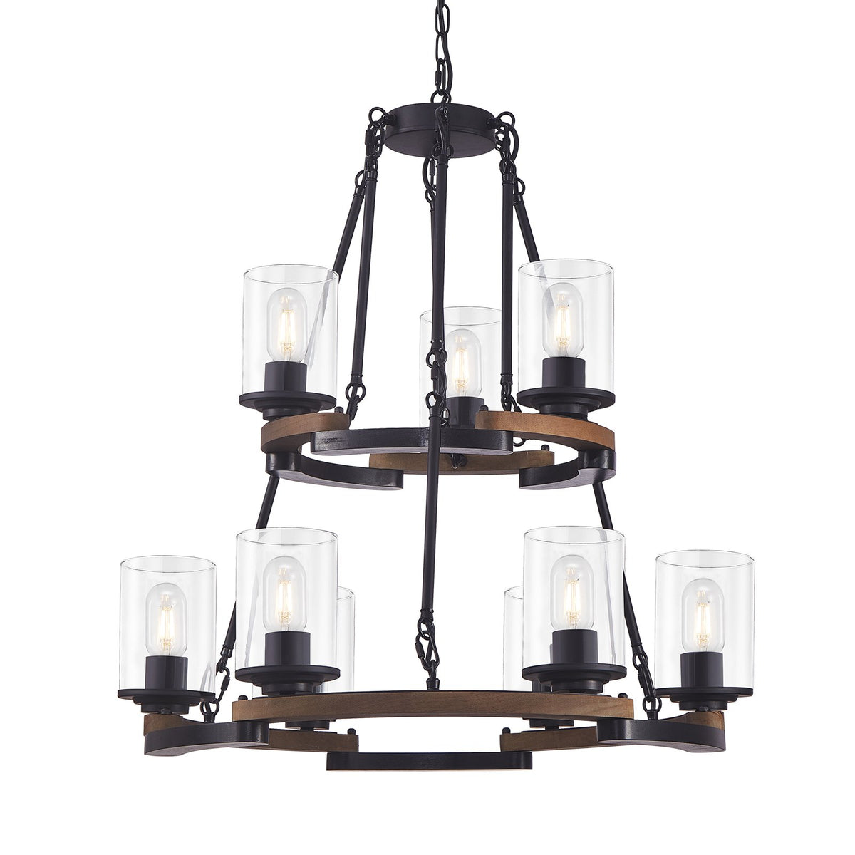 9-Light Vintage Wagon Wheel Chandelier, Rustic Farmhouse Black Wood Ceiling Light, Adjustable Height for Dining Room Living Room Entryway Kitchen
