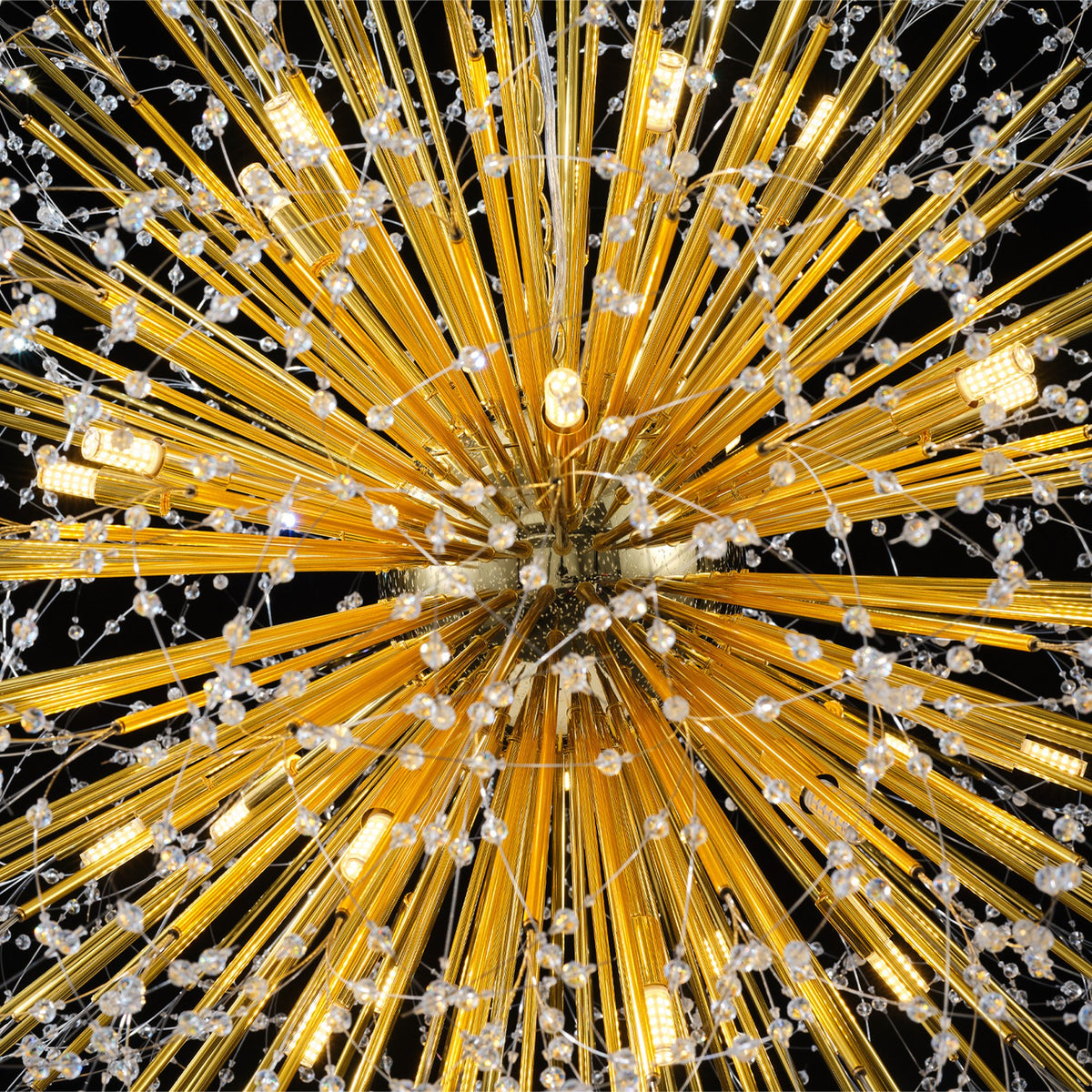 63-Inch Extra Large Dandelion Crystal Chandelier Gold Modern Light Fixture - Grand Firework Sputnik Chandelier for High Ceiling Living Room Foyer - Luxury Hanging Pendant 30 G9 LED Bulbs Included