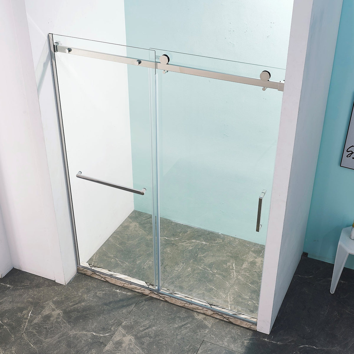 56-60" W x 75" H Semi-Frame Single Sliding Shower Door, 304 Stainless Steel in Brushed Nickel, 5/16" Thick SGCC Tempered Clear Glass