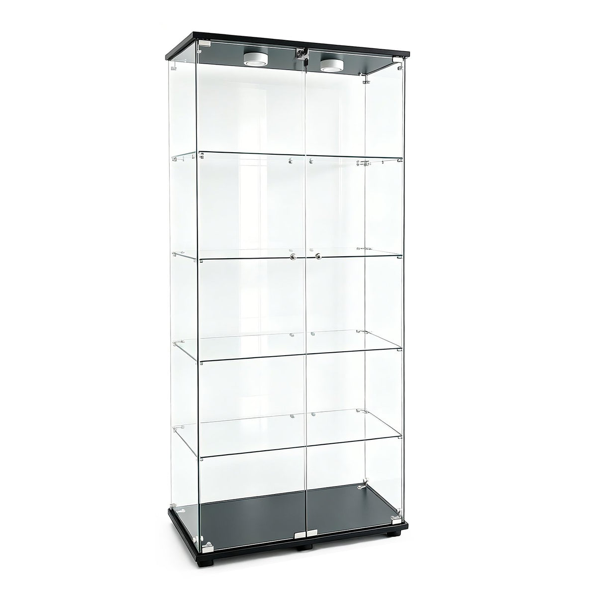 5-Tier Glass Display Cabinet with Lights, Double Doors and Lock, Curio Cabinet Tempered Glass Floor Standing Bookshelf for Living Room, Bedroom, Office, 74 x 31 x 14 in, Black