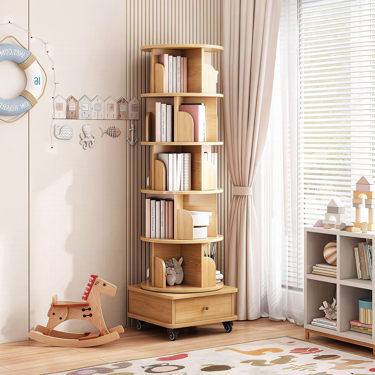 6 Tier Rotating Bookshelf, 360° Display Round Spinning Bookshelf with Wheels and Drawer, Space-Saving, Small Space Rotating Bookshelf Tower – Natural