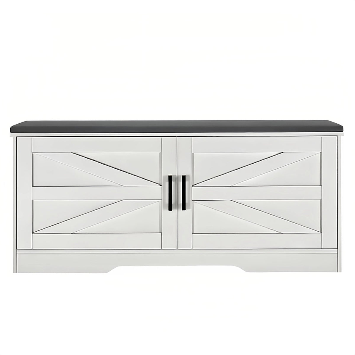 2 Tier Shoe Bench with Padded Seat, 2 Barn Doors and Adjustable Shelves, White MDF