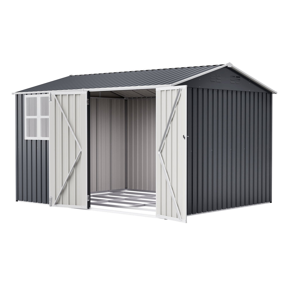 10X8FT Outdoor Steel Storage Shed with Clear Window, Lockable Doors, Weather-Resistant Metal Tool Shed, and Utility Storage, Gray