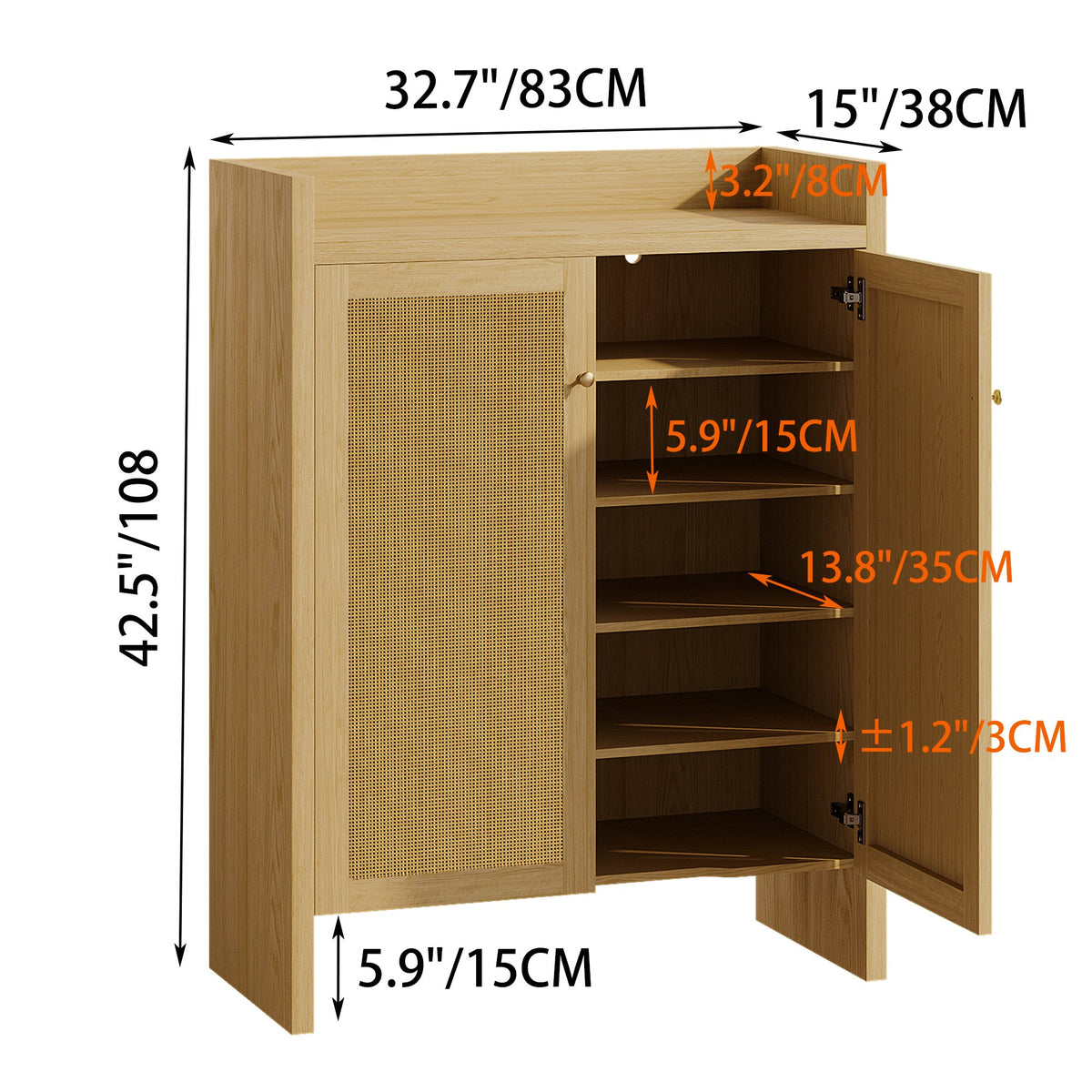 42.5" Tall Rattan Shoe Cabinet with Doors, 6-Tier Shoe Storage Cabinet with Adjustable Shelves