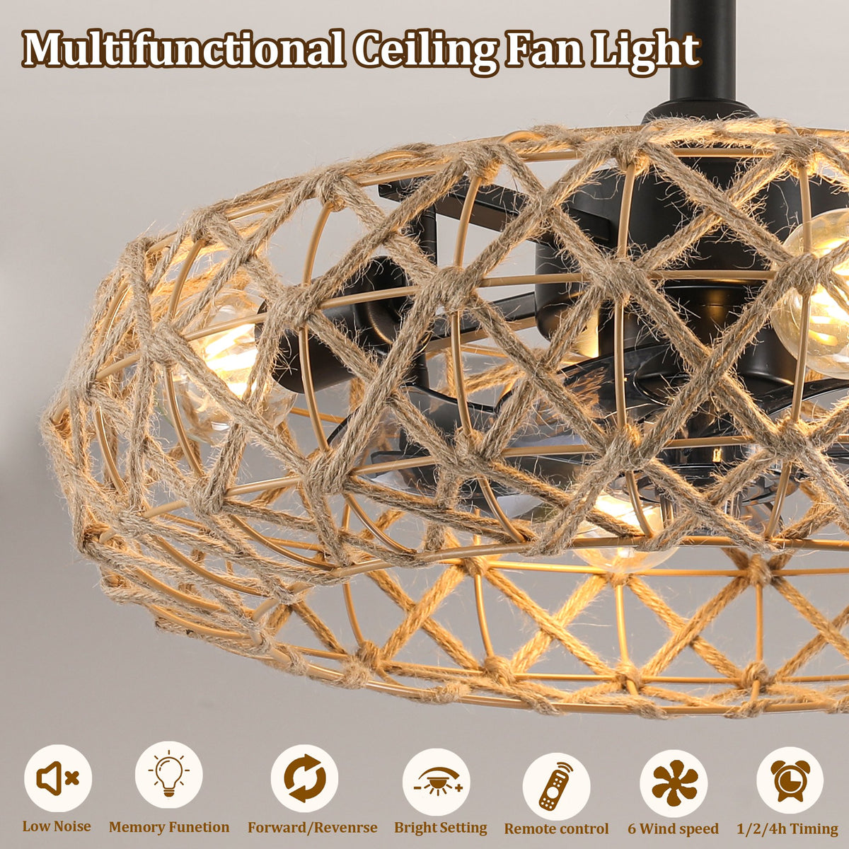 19" Hemp Rope Woven Ceiling Fan with 4 bulbs, Dimmable, 7 Blades, Reversible DC motor.
