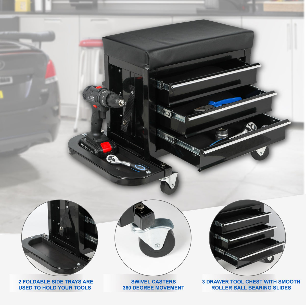 3-Drawer Tool Chest Rolling Mechanic Seat with Tool Trays, 350lbs Max Weight Capacity, Black