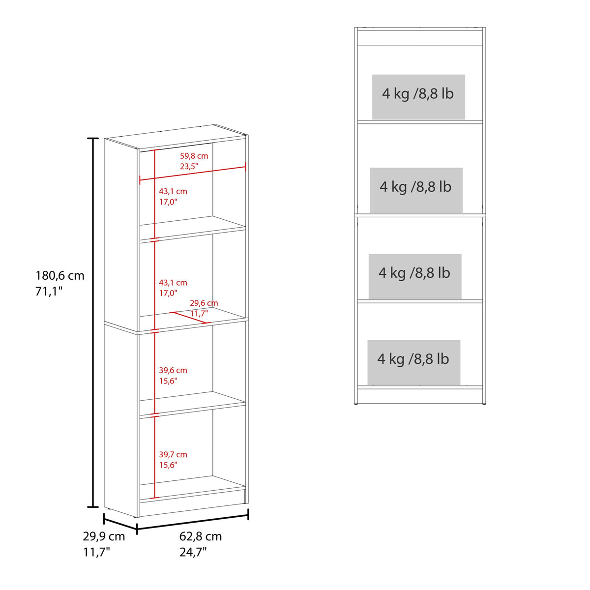Bear Flat 4-Shelf Bookcase, Modern Open Storage Bookshelf for Living Room, Bedroom, or Office