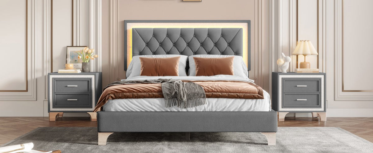 3-Pieces Bedroom Sets, Queen Size Upholstered Platform Bed with LED Lights and Two Nightstands-Gray