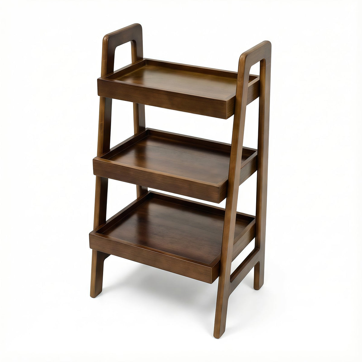 100% Solid Wood Ladder Shelf, 3 Tier Small Ladder Bookshelf, Freestanding Ladder Shelf with Open Storage, Side Table, Saving Space, Walnut