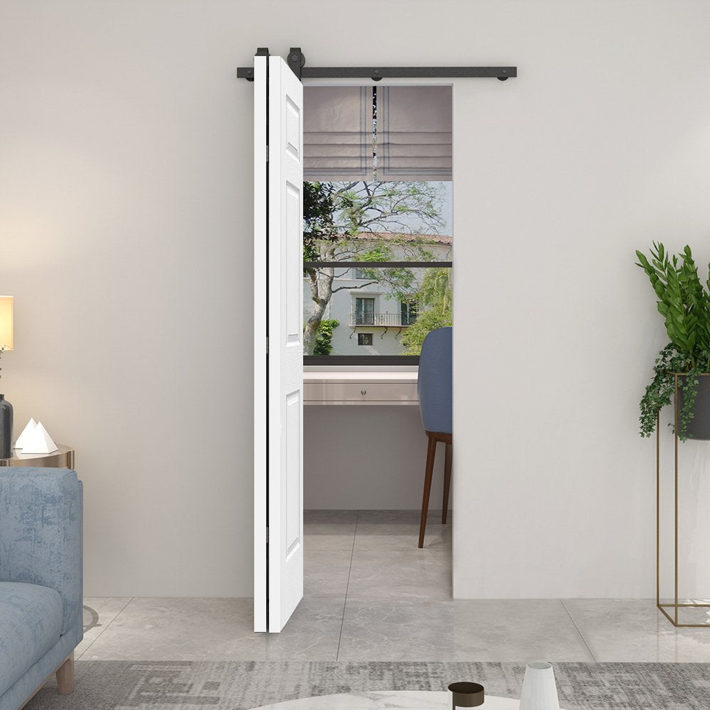 24 in. x 80 in. 6-Panel Primed MDF Composite Bi-Fold Barn Door with Sliding Hardware Kit