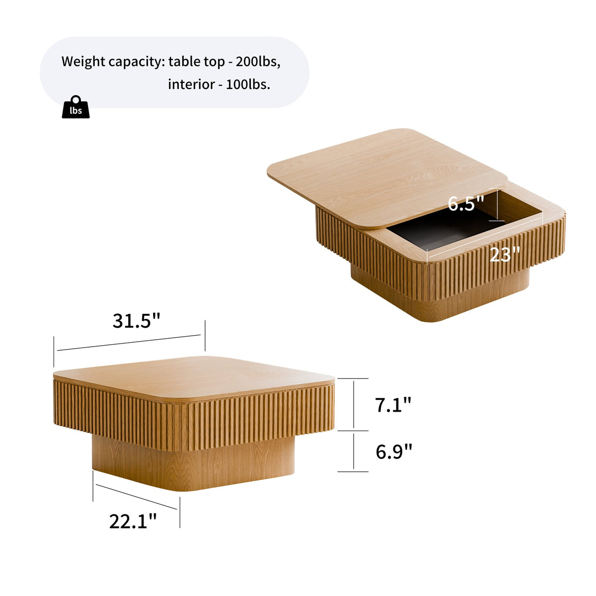 31.5'' Square Coffee Table with Storage Solid Wood Veneered Modern Coffee Table Accent Tea Table, Apartment or Office, Natural Wood