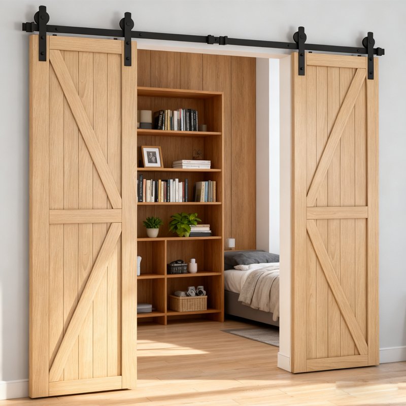 12FT Wood Double Sliding Barn Door Hardware Basic Black Big Spoke Wheel Roller Kit, 5-18FT for Choose