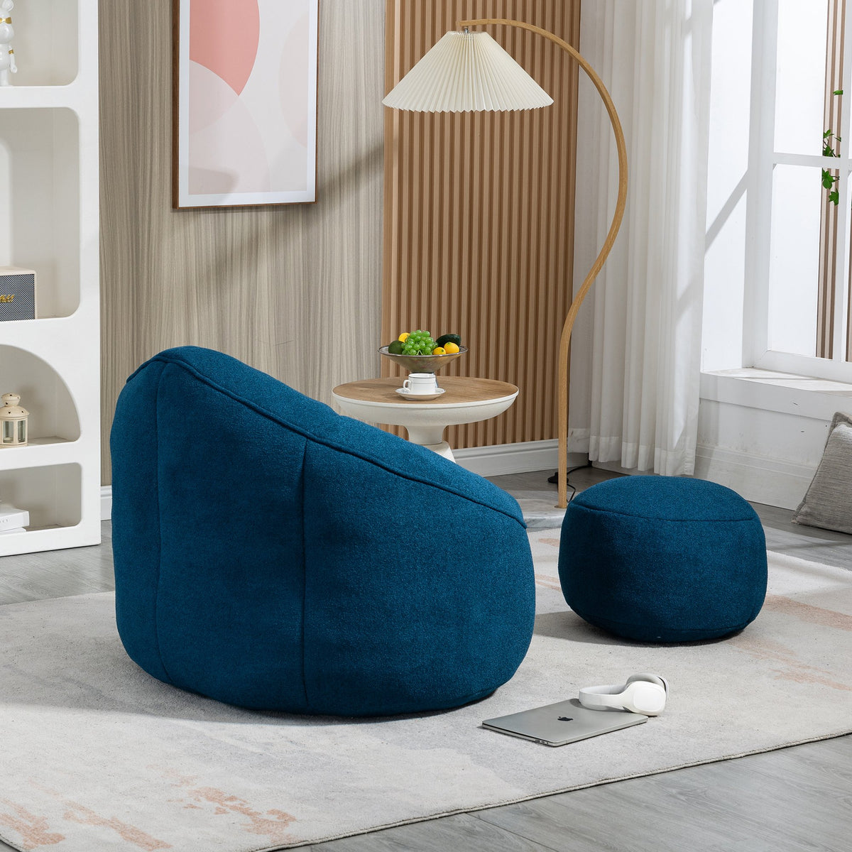 Bedding Bean Bag Sofa Chair with High-Pressure Foam and Footrest, Blue Microfiber