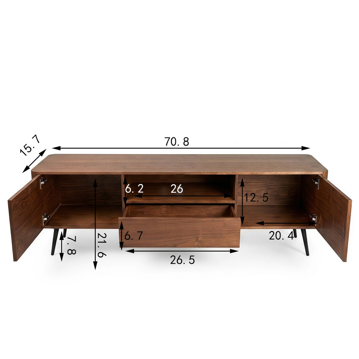 70.8-inch walnut TV stand, suitable for televisions up to 85 inches, featuring enclosed storage and cable management, soft-close hinges and iron legs, ideal for the living room RR