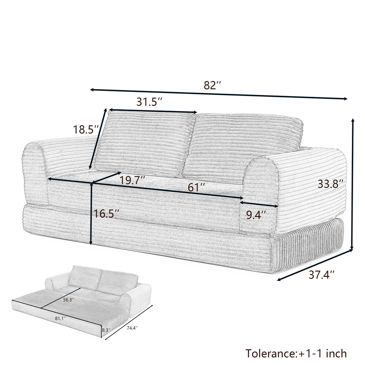 2-in-1 Folding Convertible Sofa Bed, Modern Corduroy Sleeper Couch with 2*pillows