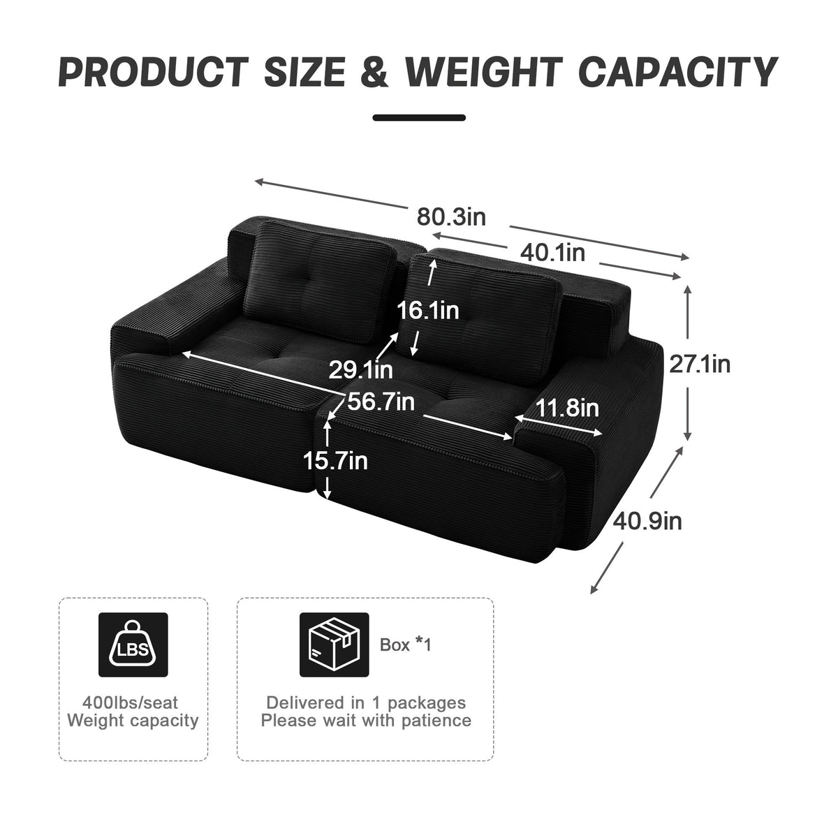 82" Modern L-Shaped Modular Sectional Sofa, Corduroy Fabric, 2-Seater Couch with Deep Seat, Pearl-like piping, Tufted Design, No Assembly – Black