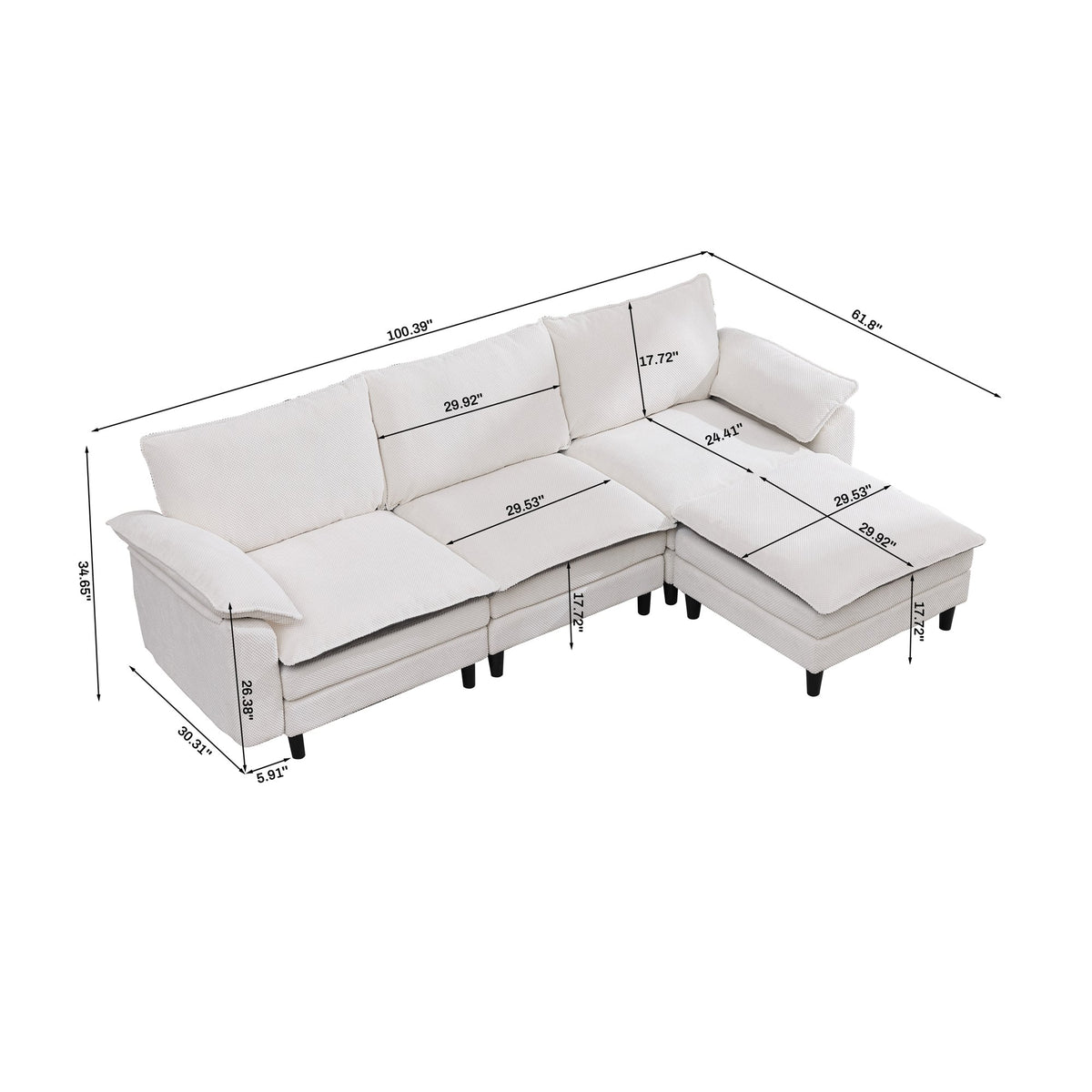 100.39" Black & White Two-Tone L Shaped Cloud Sofa, Modular Sectional with Ottoman, 3-Seat Chenille Deep Seat and Pillow - Perfect
