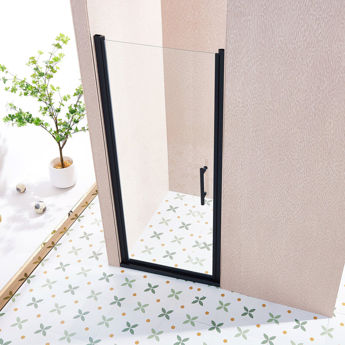 32-33.5" W x 75" H Pivot Single Swing Shower Door, Aluminium Alloy in Matte Black, 1/4" Thick SGCC Tempered Clear Glass.