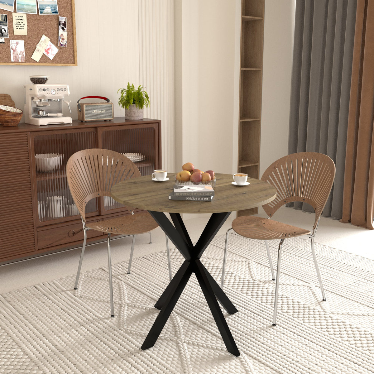 31.5 Inch Round Dining Table, Small Circle Kitchen Table with Metal Black Legs for 2-4 people, Modern Dining Room Table, Brown (only table) – 0.7Inch