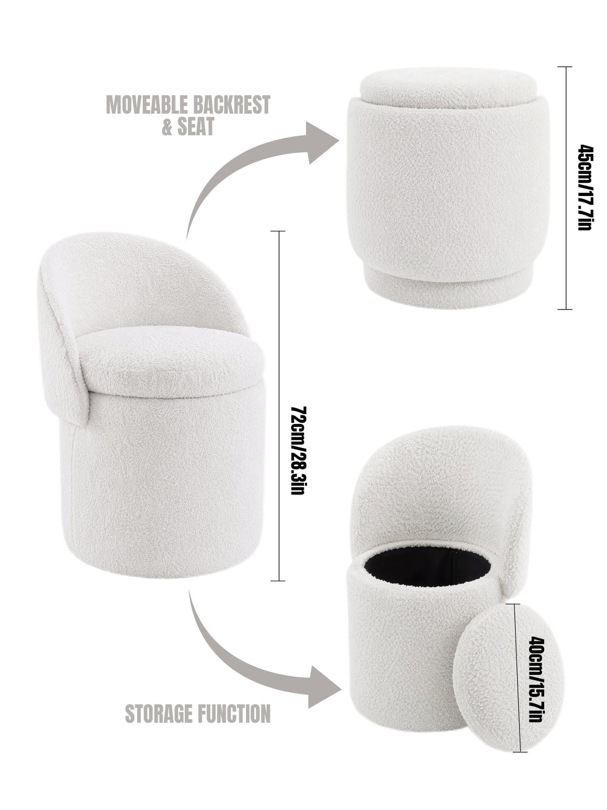 Makeup stool with Storage, Upholstered Vanity Stool with Foldable Backrest Modern Cylindrical Footrest Stool for Living Room Bedroom,Makeup Room, Dressing,Beige