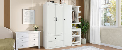 Multifunctional Wardrobe with 2 Doors and Hanging Rod, Wooden clothes closet with Convertible Desk and Storage Drawers – Model W1580S00475