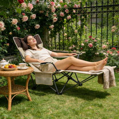 Outdoor Camping Chairs Folding/Portable/Adjustable reclining chair(Three-level adjustment), Side Pockets & Cup Holder,Carry Bag,Beige