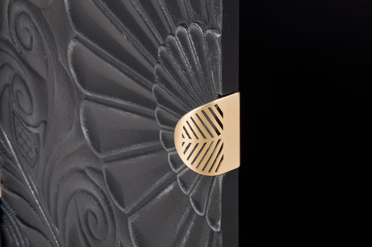 Hand-Carved Accent Cabinet, Black Wooden Storage Cabinet with Drawer & Doors, Floral Embossed Sideboard with Gold Handles for Entryway, Living Room, 14.97"x31.5"x36.82"