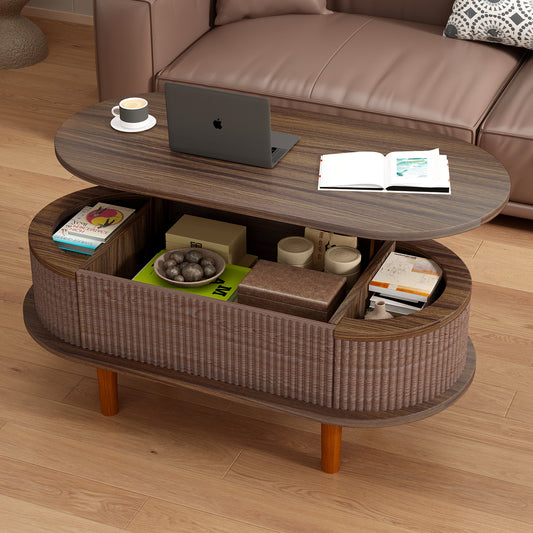 Fluted Lift Top Coffee Table with Hidden Compartment, Wooden Center Table, Modern Oval Lift Tabletop, Walnut Color