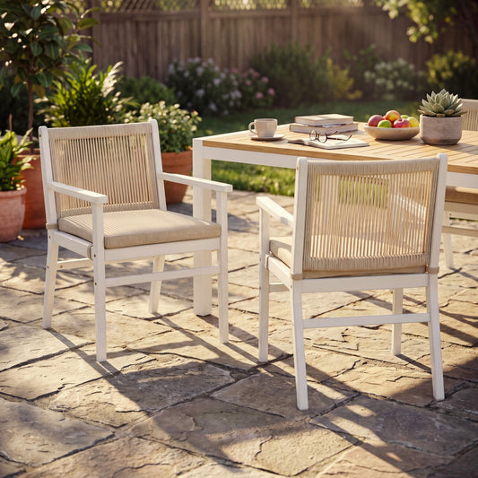 Outdoor Dining Chairs Set of 2, Acacia Wood Patio Armchair with Rope Design Back and Water Repellent Cushion, White Frame, 400lbs Weight Capacity
